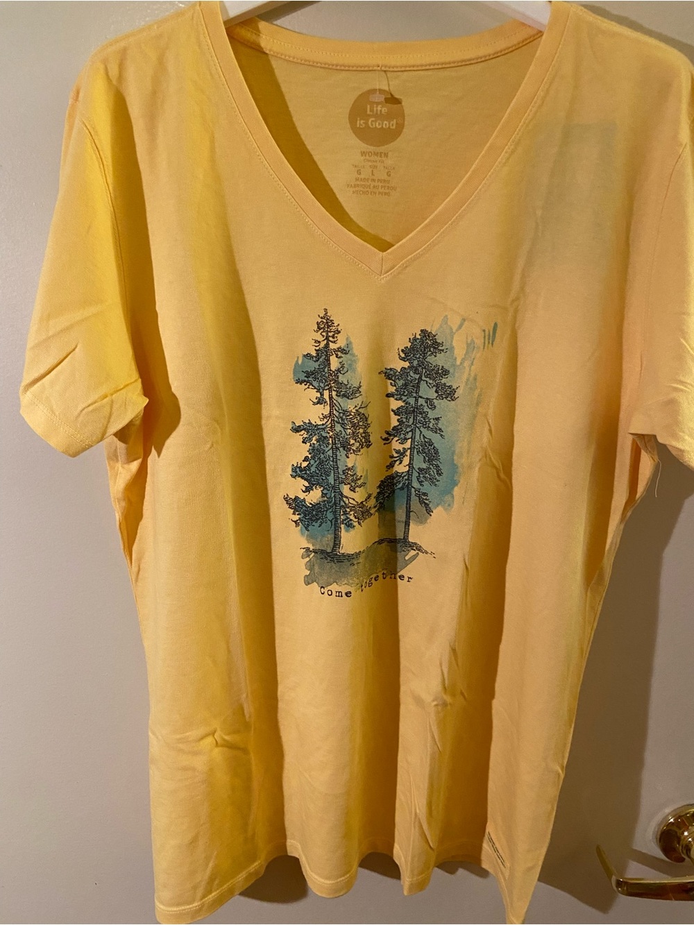 Life is Good Yellow V-Neck Tee with Tree Graphic “Come Together Trees”